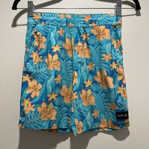 Hurley Boys swim Trunks, Blue With Teal Foliage And Orange Florals,‎ Size 7